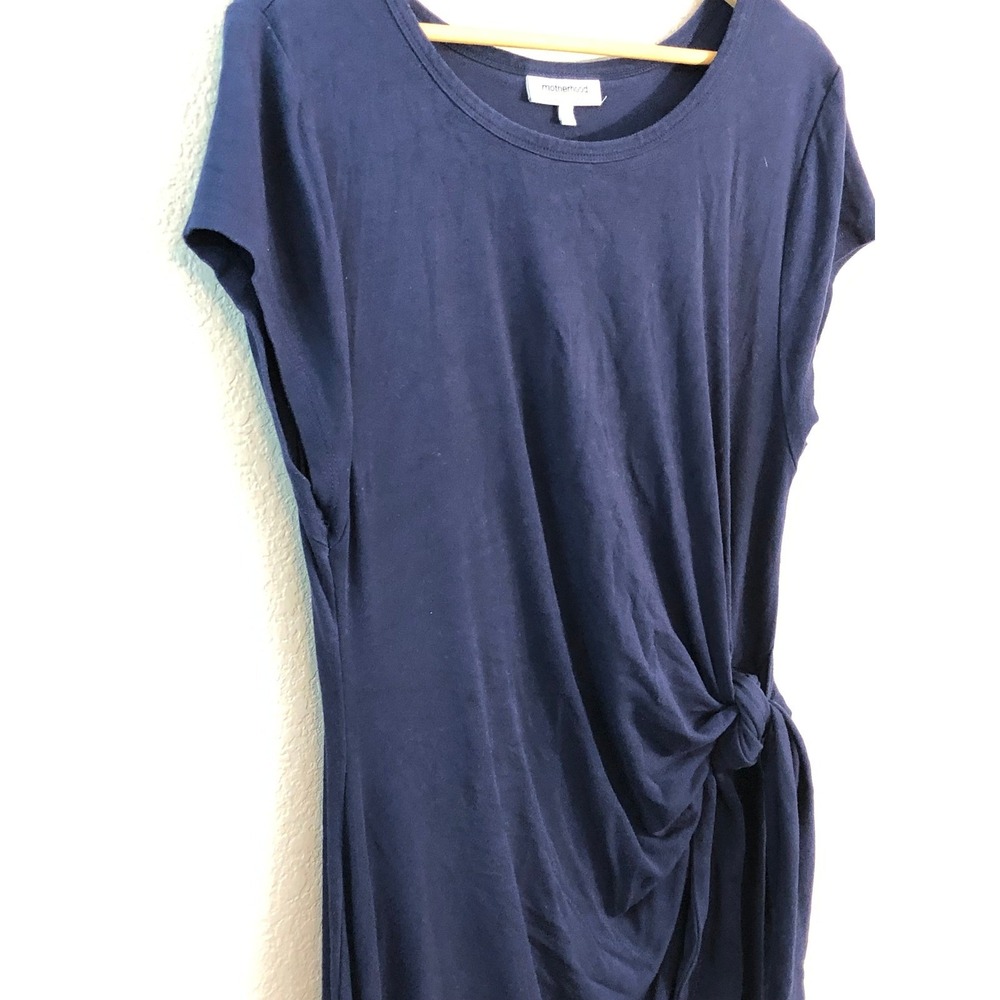 Motherhood Maternity Navy Blue Side Tie Knot Maxi Dress XL Short Sleeve Slit - Picture 4 of 6